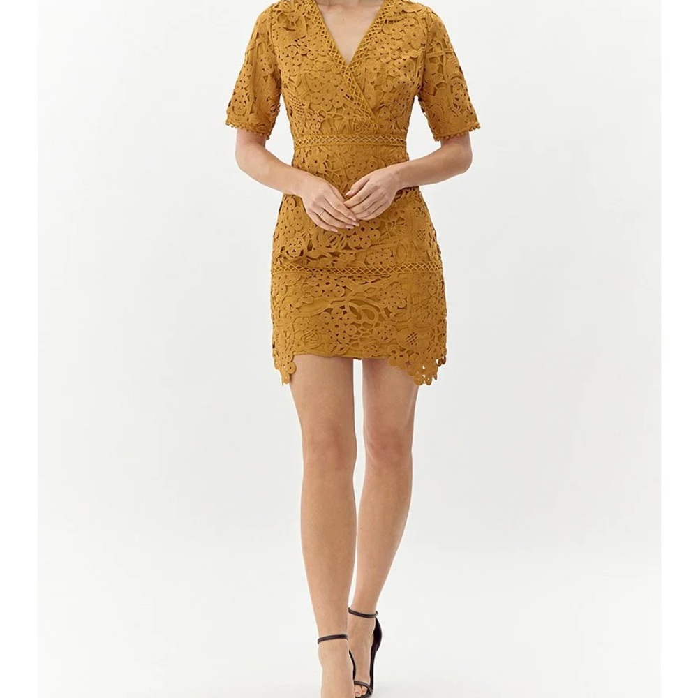 Adelyn Rae Gold V-Neck Sheath Mini Dress Mustard